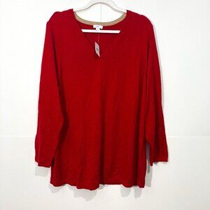 NWT J Jill V-Neck Knit Pullover Sweater Cotton Blend Soft Red Scarlet XLP